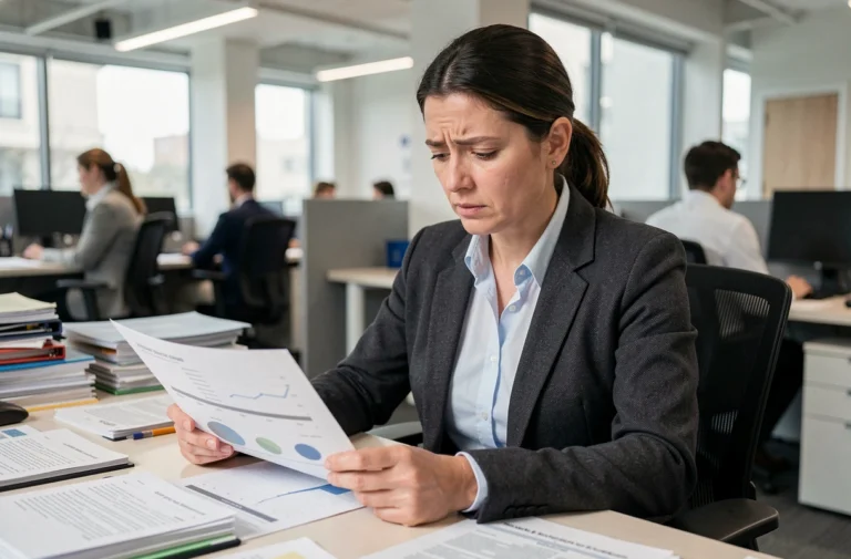 Femme cadre intermédiaire concentrée sur des rapports dans un bureau en open space, illustrant les défis professionnels féminins