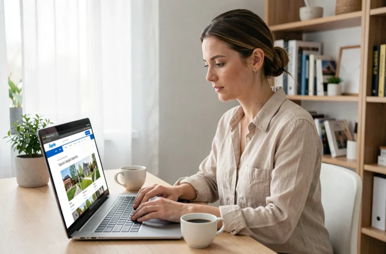 Femme consultant un site immobilier en ligne depuis son bureau à domicile moderne