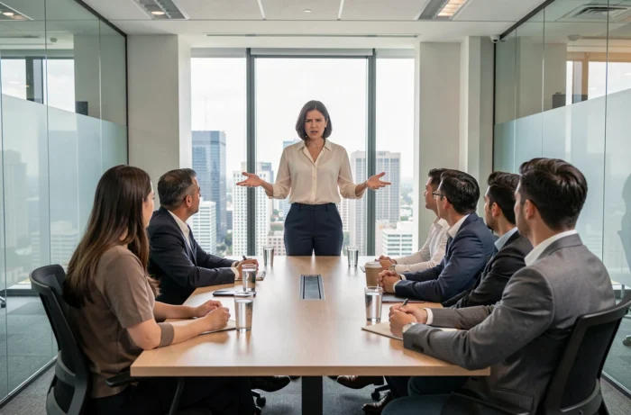 Femme en réunion professionnelle présentant devant ses collègues dans une salle de conférence moderne, reflet des enjeux de leadership au féminin