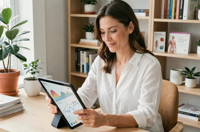 Femme consultant des données de santé sur une tablette dans un bureau moderne et serein, illustrant les avancées en bien-être numérique