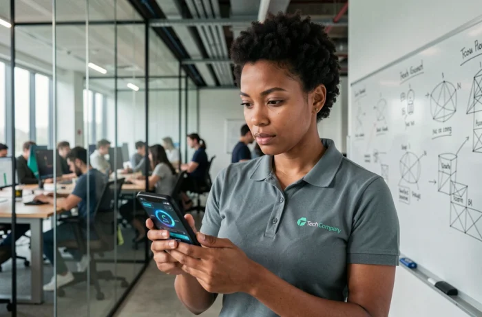 Femme professionnelle dans un bureau high-tech tenant un smartphone dernière génération avec une interface d'application innovante au premier plan