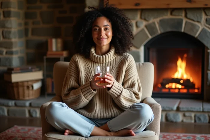 Femme tenant un verre de whisky en cristal près d'une cheminée rustique, évoquant la détente et le bien-être associés à une consommation modérée de whisky