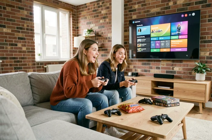 Deux femmes jouant ensemble en co-op sur canapé avec manettes et grand écran TV, représentant les nouvelles tendances du jeu vidéo en salon