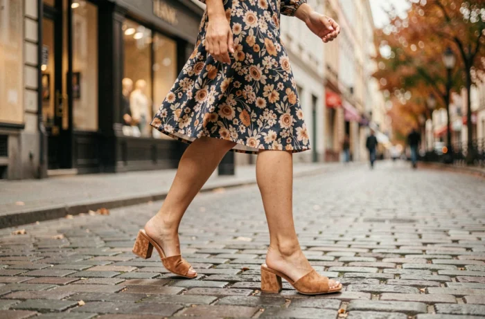 Femme portant des mules en daim caramel marchant sur des pavés dans une rue commerçante européenne en automne