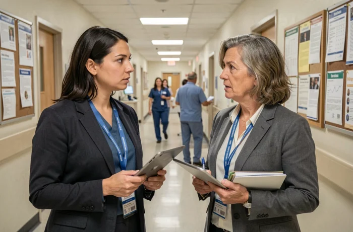 Deux femmes professionnelles de santé discutant dans un couloir d'hôpital, symbolisant la diversité des défis des femmes dans les professions intermédiaires