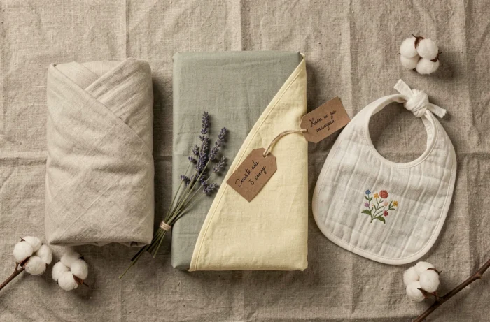 Flat lay de produits de linge de maison bio pour bébé de marques françaises sur fond de lin naturel