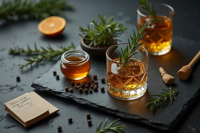 Flat lay éditorial d'un verre de whisky doré entouré d'ingrédients naturels comme le miel et le romarin, illustrant les vertus naturelles et les bienfaits du whisky pour la santé