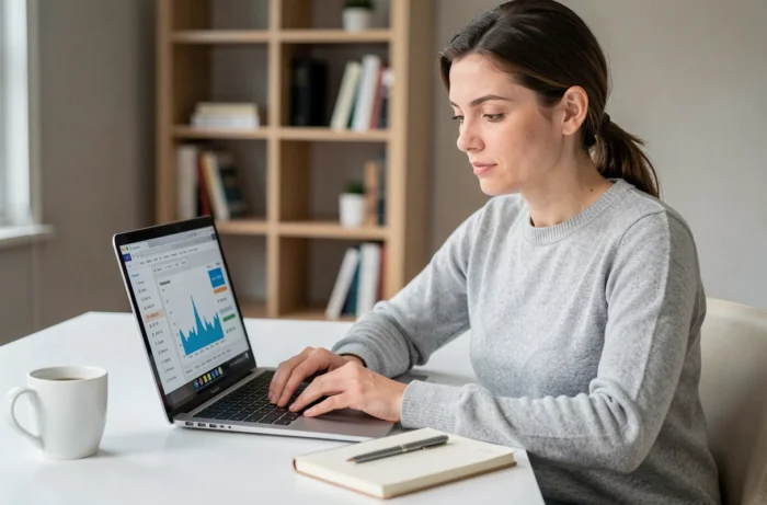 Femme entrepreneur gérant ses comptes en ligne sur un ordinateur portable dans un bureau moderne