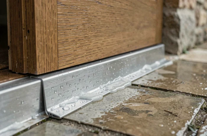Gros plan d'une barrière de pluie en acier inoxydable installée au bas d'une porte en chêne avec joint d'étanchéité