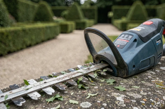 Gros plan sur la lame d'un taille-haie électrique sans fil posé sur un muret de jardin avec des débris de haie