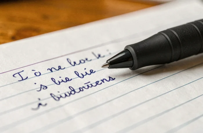 Gros plan sur la pointe d'un stylo bille écrivant des lignes nettes sans bavures sur une page de carnet blanc