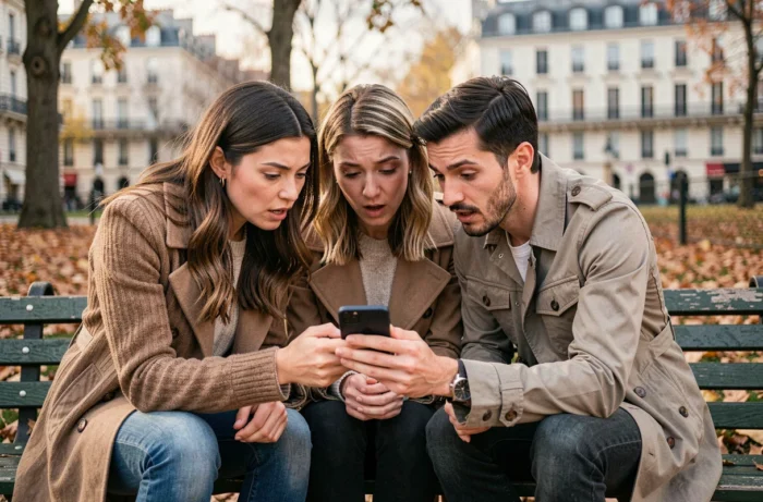 Groupe de personnes lisant les actualités françaises sur smartphone dans un parc à Lyon