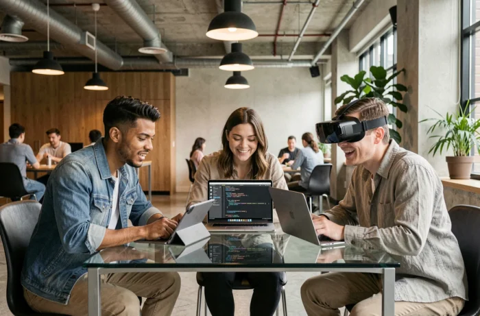 Groupe de jeunes adultes testant des technologies innovantes dont tablette pliable, ordinateur portable et casque de réalité augmentée dans un espace de coworking moderne