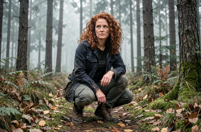 Femme rousse bouclée en tenue de terrain accroupie dans une forêt brumeuse, évoquant une mission de reconnaissance de super-héroïne