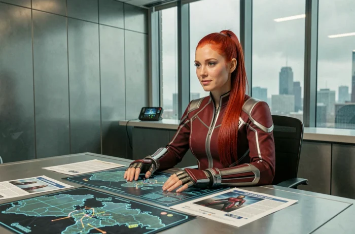Femme rousse en veste rouge dans une salle de commandement futuriste, entourée de documents tactiques et de technologie avancée