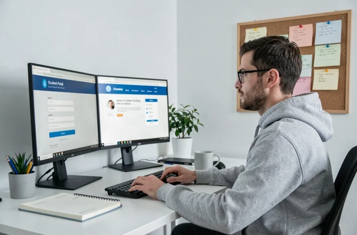 Homme accédant à son espace étudiant en ligne MyCampus Eduservices depuis son bureau à domicile avec double écran