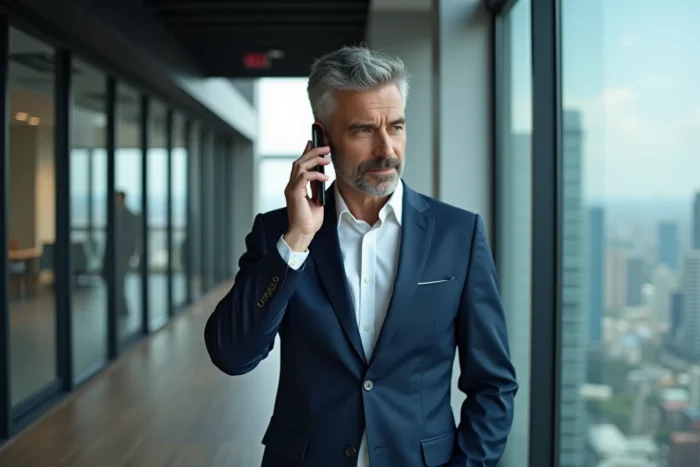 Homme d'affaires passant un appel téléphonique international vers l'Italie depuis un bureau moderne