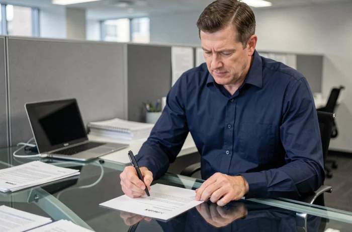 Homme d'affaires signant un document avec un stylo bille sans bavures dans une salle de réunion professionnelle