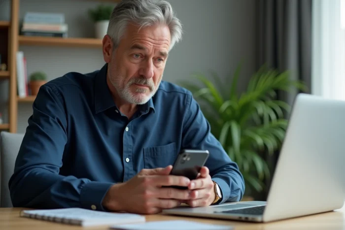 Homme utilisant une application d'annuaire inversé sur smartphone au bureau à domicile