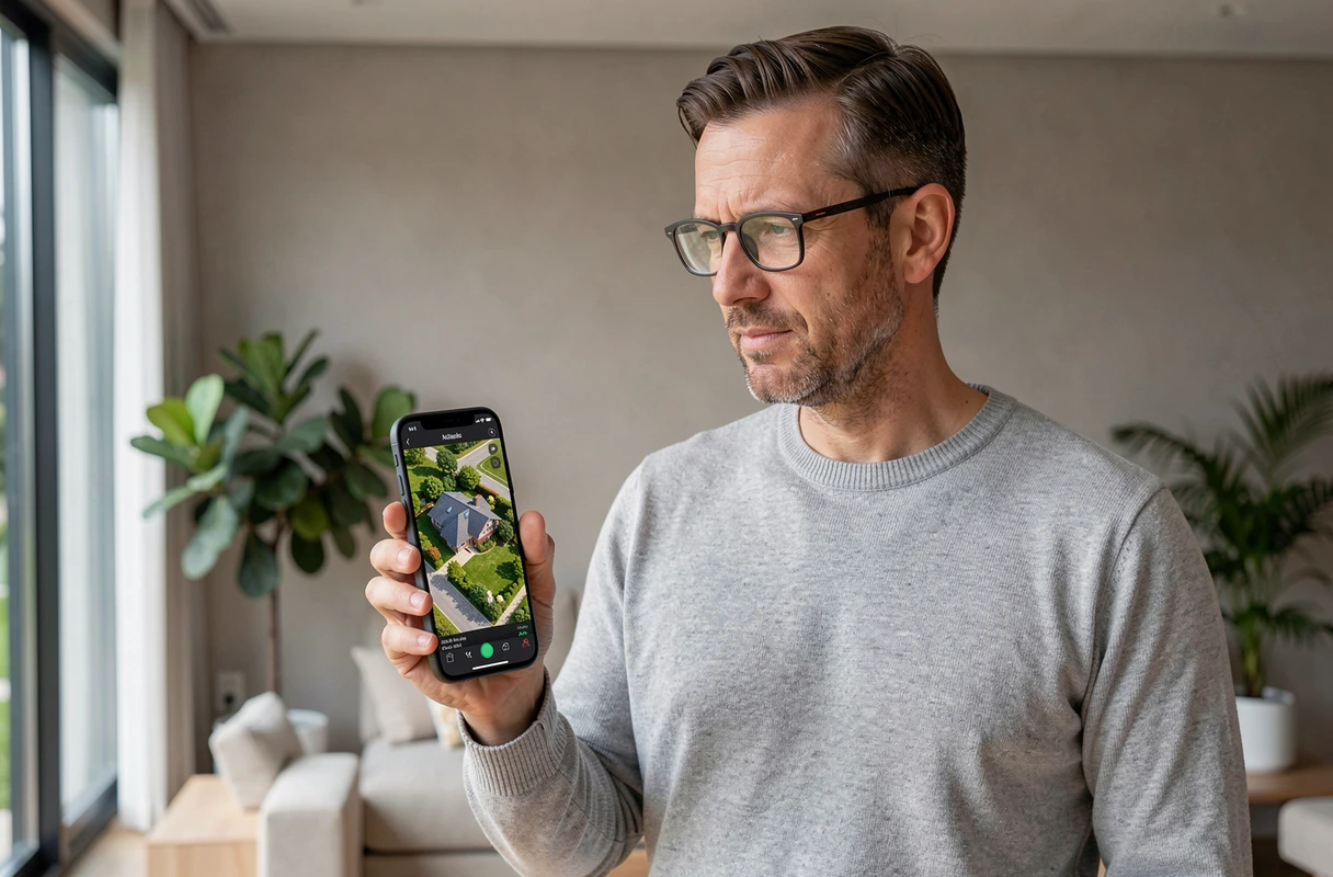 Homme consultant une application de carte satellite sur smartphone affichant une vue aérienne de sa maison depuis chez lui