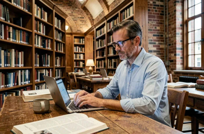 Homme utilisant un ordinateur portable pour accéder à une bibliothèque numérique gratuite dans une grande bibliothèque publique vintage