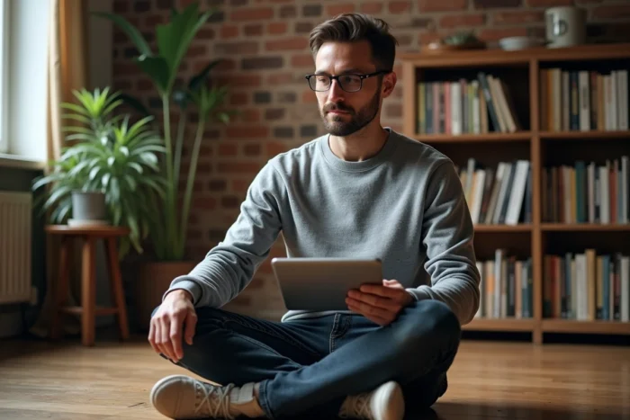 Homme consultant un plan de site XML sur une tablette dans un bureau à domicile chaleureux