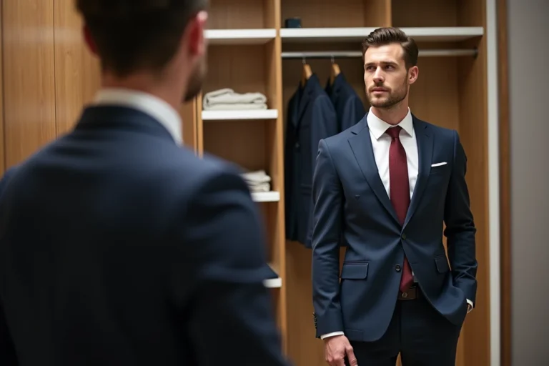 Homme en costume marine ajustant sa cravate bordeaux devant un miroir en pied dans un dressing moderne