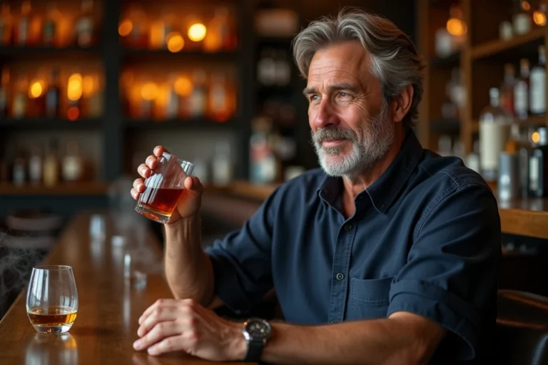 Homme dégustant un verre de whisky ambré dans un bar en bois chaleureux, illustrant la dégustation consciente et les bienfaits potentiels du whisky