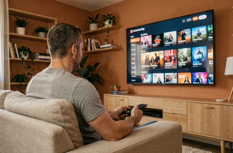 Homme installant une application IPTV sur sa télévision connectée depuis son canapé avec une télécommande