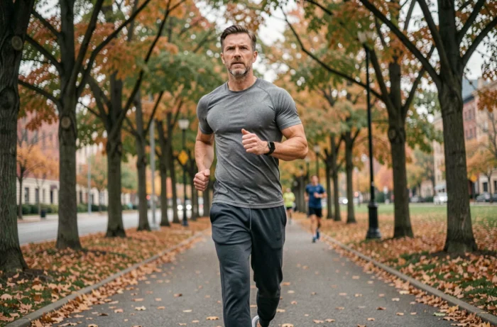 Homme actif faisant du jogging en ville avec une montre connectée de santé, symbolisant les nouvelles technologies au service du bien-être physique