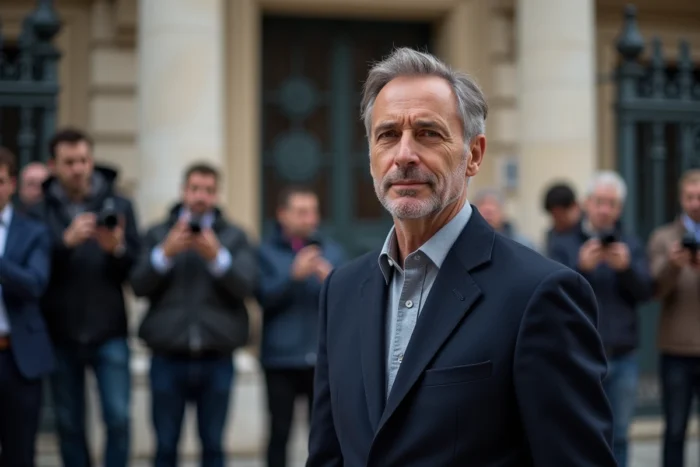 Homme politique français protégeant sa vie privée face aux journalistes devant un bâtiment institutionnel