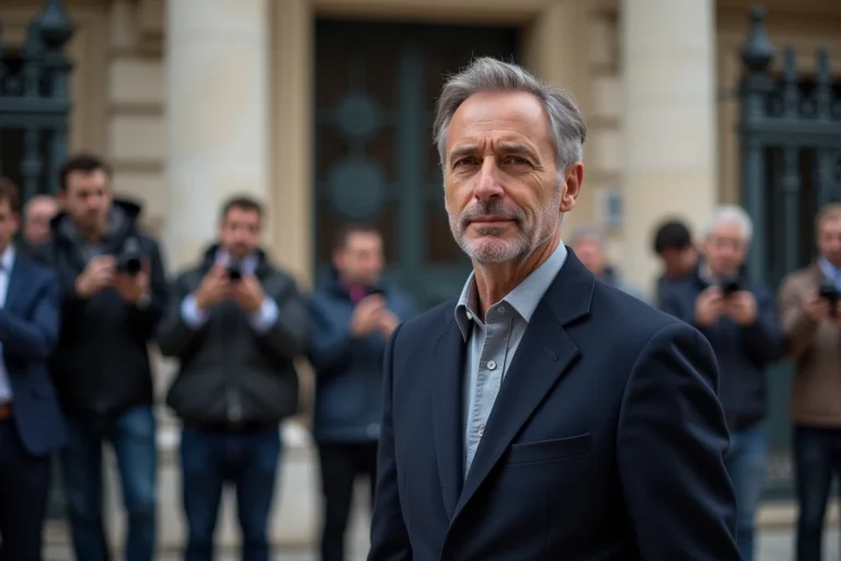 Homme politique français protégeant sa vie privée face aux journalistes devant un bâtiment institutionnel