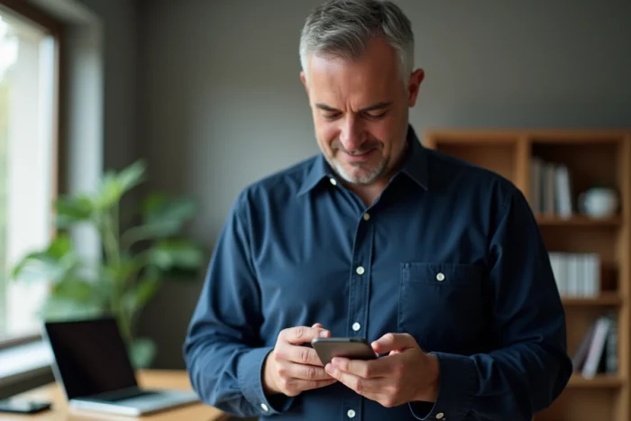 Homme saisissant les informations de sa carte bancaire pour recharger son forfait Réglo Mobile depuis son bureau à domicile