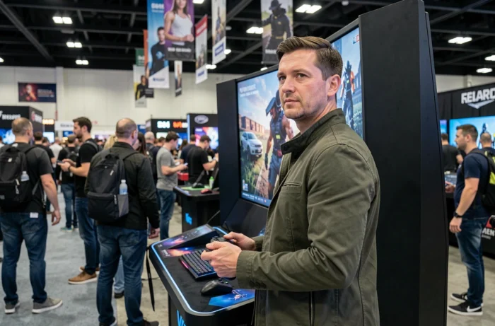 Homme testant une démo de jeu vidéo sur un kiosque interactif lors d'un salon gaming, illustrant les nouveautés et tendances incontournables du secteur