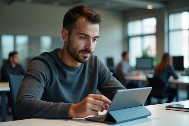 Homme examinant un smartphone pliable innovant dans un espace de travail tech moderne