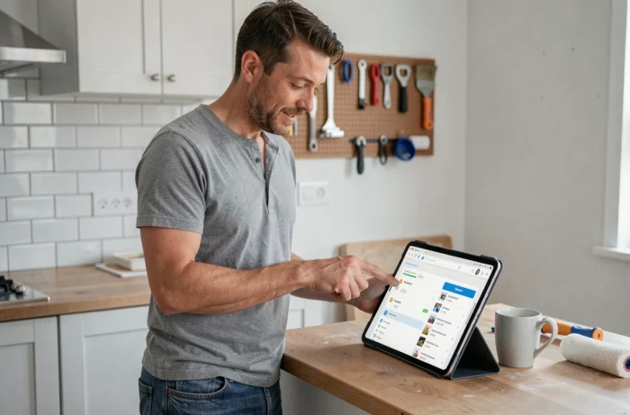 Homme consultant le plan du site d'un site de bricolage sur une tablette dans une cuisine en rénovation