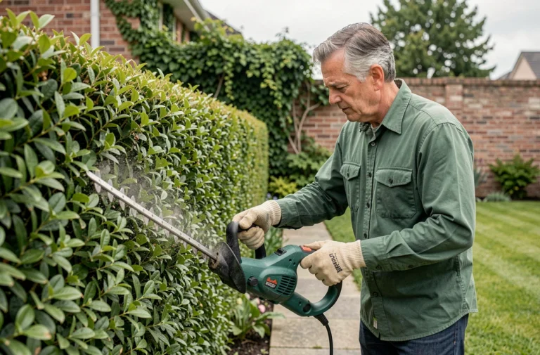Homme utilisant un taille-haie électrique filaire pour tailler une haie verte dans un jardin soigné