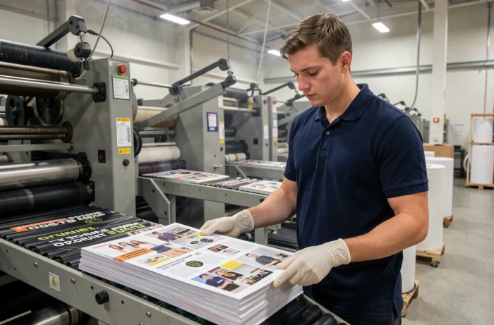 Ouvrier inspectant des catalogues papier imprimés dans une usine offset, représentant la production industrielle du catalogue publicitaire