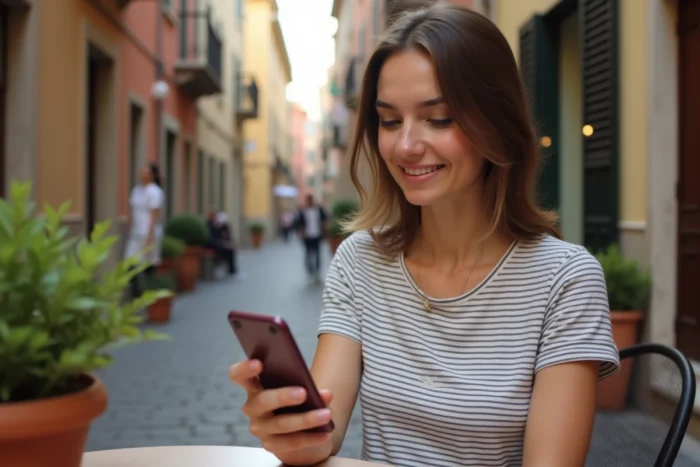 Femme consultant son smartphone à une terrasse de café italienne pour identifier un appel avec l'indicatif +39