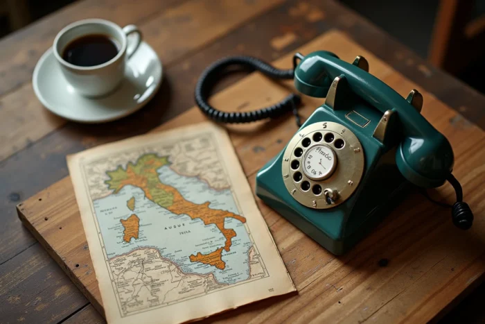 Téléphone vintage italien et carte de l'Italie avec l'indicatif +39 écrit à la main sur une table en bois rustique
