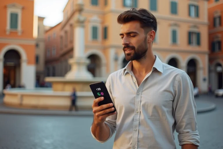 Homme italien tenant un smartphone affichant l'indicatif téléphonique +39 sur une piazza romaine pavée