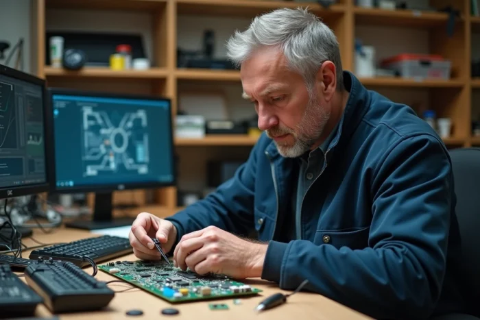 Ingénieur assemblant un circuit électronique dans un laboratoire de prototypage high-tech