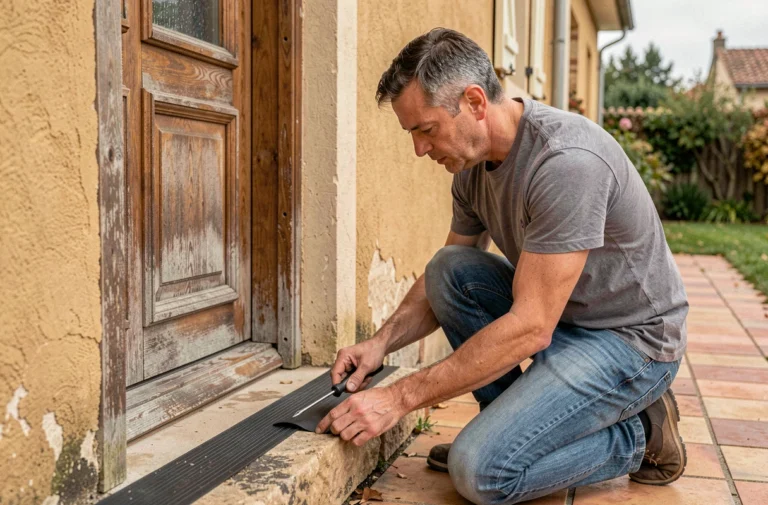 Homme installant une barrière de pluie en caoutchouc au bas d'une porte d'entrée en bois sur un seuil en pierre