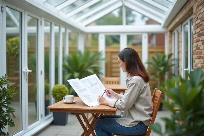 Intérieur d'une véranda en kit avec toit polycarbonate, femme consultant un catalogue de modèles de vérandas