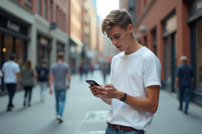 Jeune adulte recherchant un numéro inconnu sur un annuaire inversé portable en pleine rue