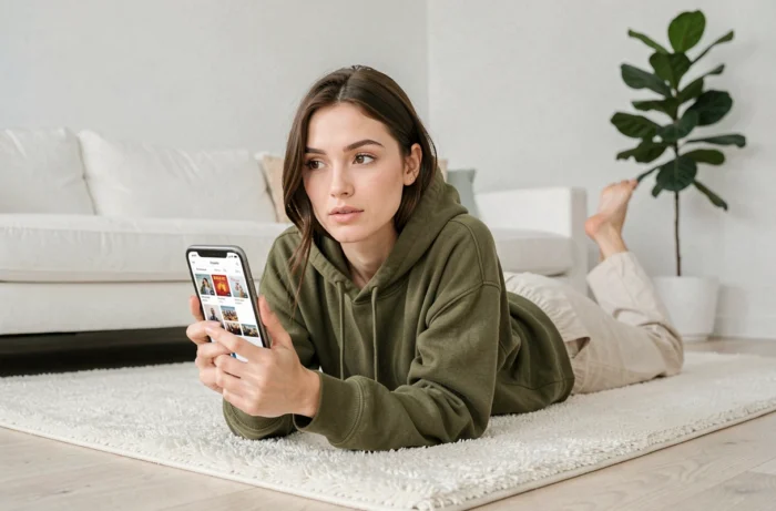 Jeune femme allongée sur un tapis lisant des livres numériques sur son smartphone dans un appartement au style scandinave