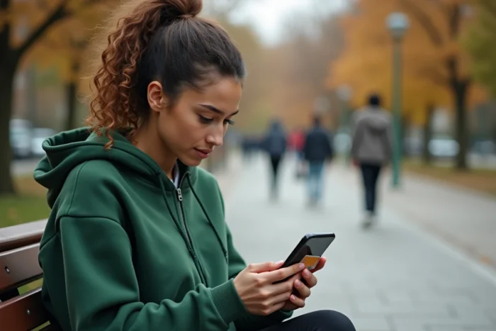 Jeune femme rechargeant son forfait Réglo Mobile avec une carte bancaire sur son téléphone dans un parc urbain en automne