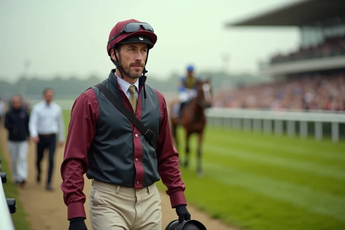 Jockey star marchant dans le paddock d'un grand hippodrome avec un cheval pur-sang, symbolisant le prestige et la fortune dans les courses hippiques