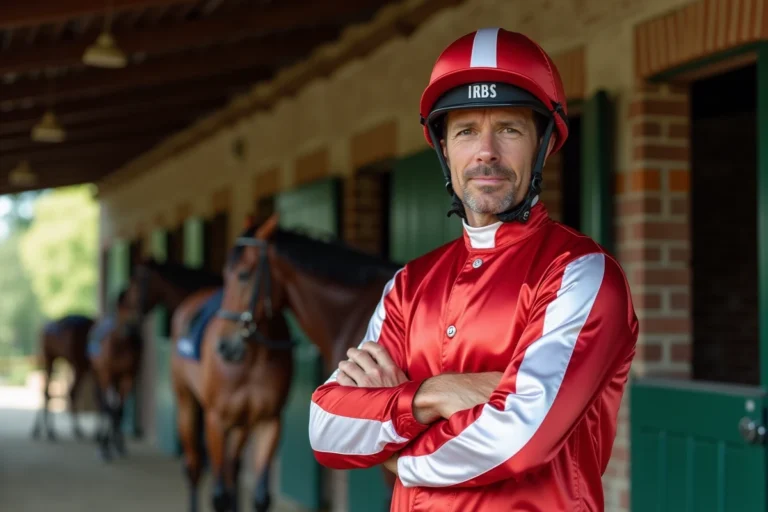 Jockey professionnel en tenue de course colorée devant une écurie traditionnelle européenne, évoquant prestige et succès dans l'hippisme