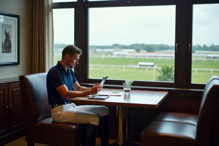 Jockey célèbre analysant des données de course dans un salon VIP d'hippodrome luxueux, illustrant la réussite financière dans le monde des courses